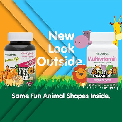 Natures Plus Animal Parade Multivitamin Children’s Chewables - Watermelon Flavor - 90 Animal Shaped Tablets - Promotes Health and Well-Being - Vegetarian, Gluten Free - 45 Servings