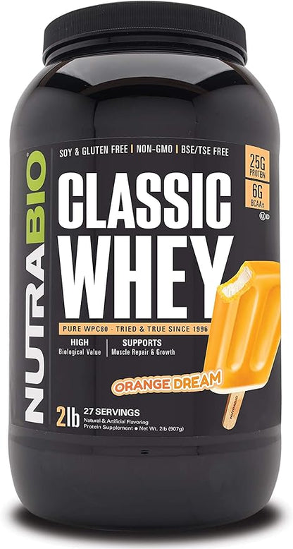 NutraBio Classic Whey Protein Powder- 25G of Protein Per Scoop - Full-Spectrum Amino Acid Profile - No Fillers, Artificial Colors, Preservatives - Orange Dream, 2 Pounds