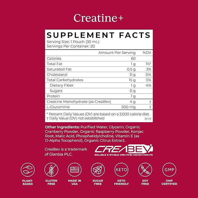 CYMBIOTIKA Creatine+, Creatine and Glutamine Supplement for Amino Energy, Recovery, Muscle Mass & Brain Support, Liposomal Delivery, Gluten Free & Vegan, Raspberry Flavor - 30ml Pouches (Pack of 20)