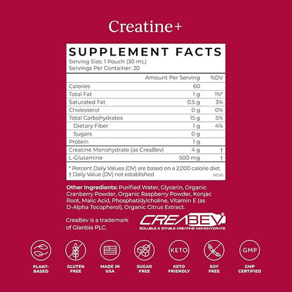 CYMBIOTIKA Creatine+, Creatine and Glutamine Supplement for Amino Energy, Recovery, Muscle Mass & Brain Support, Liposomal Delivery, Gluten Free & Vegan, Raspberry Flavor - 30ml Pouches (Pack of 20)
