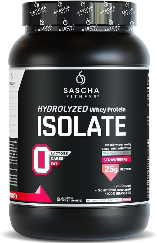 SASCHA FITNESS Hydrolyzed Whey Protein Isolate,100% Grass-Fed (2 Pounds, Strawberry)