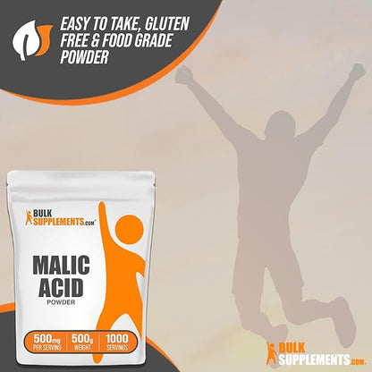 BulkSupplements.com Malic Acid Powder - Malic Acid Supplement, Malic Acid Powder Food Grade - for Energy & Skin Support, Gluten Free - 500mg per Serving, 500g (1.1 lbs)