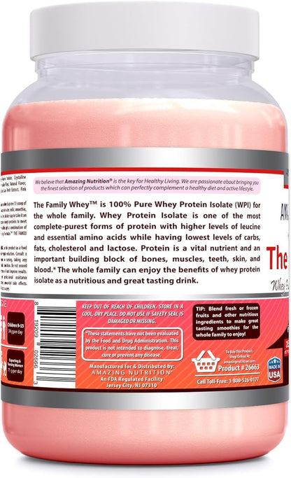 Amazing Formulas The Family Whey Protein (Isolate) Powder for The Whole Family - 2 lbs - Most Complete & Purest Form of Protein - Gluten Free (Strawberry)