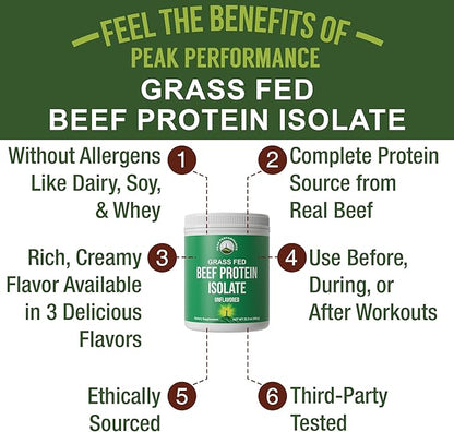 Grass Fed Beef Protein Powder - Lactose Free Great Tasting Beef Protein Isolate. Complete Animal Based Non Dairy Paleo Carnivore Protein Supplement for Prime Muscle Building. No Whey. Unflavored