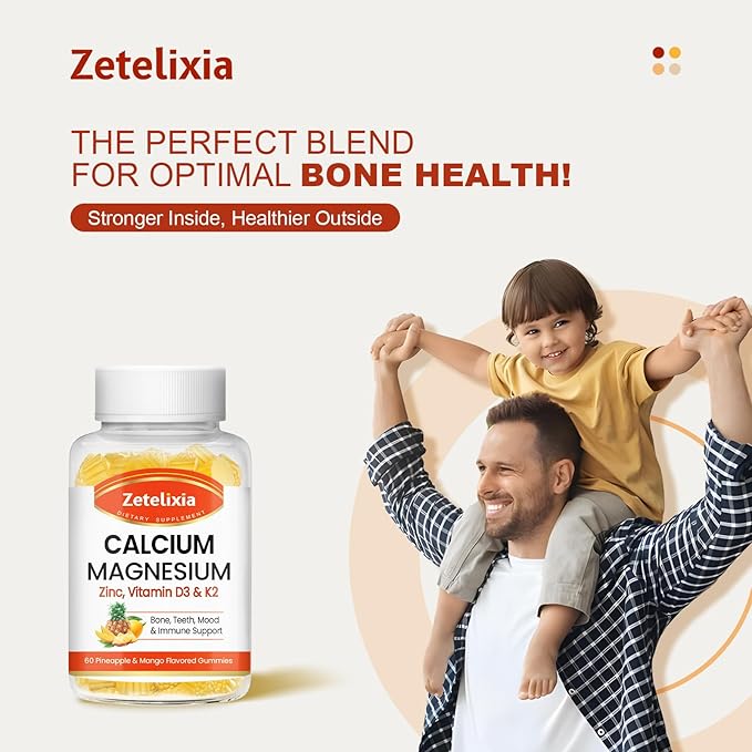 Calcium Gummies for Women Men, Calcium Magnesium Zinc with Vitamin D3 & K2, Calcium Magnesium Supplement for Bones Muscles and Joints, Pineapple & Mango Flavor - 120 Count