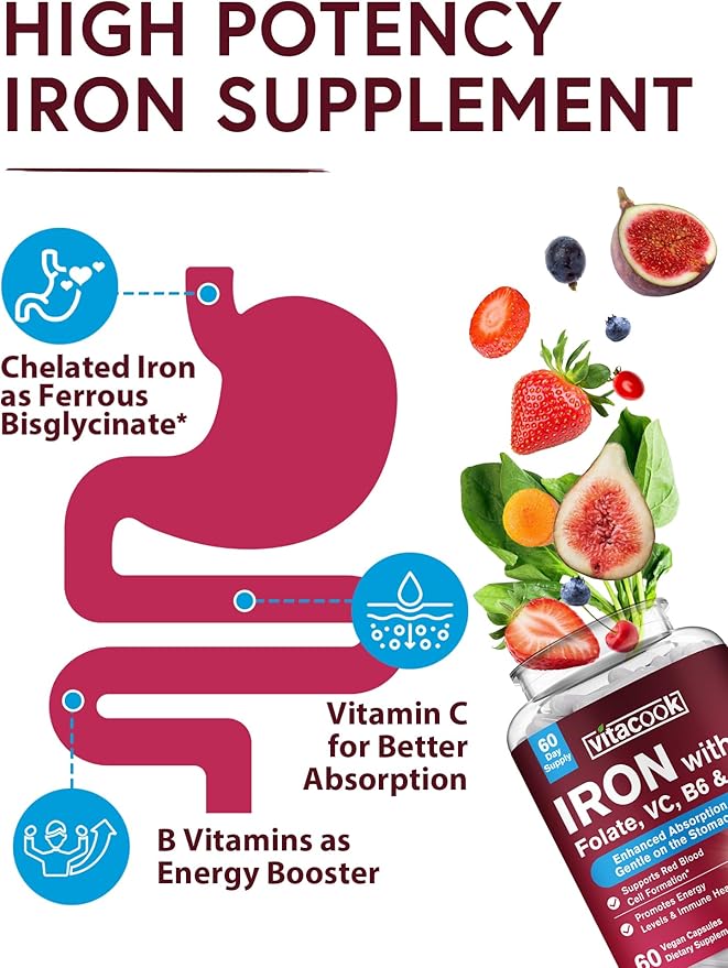 Iron Supplement for Women & Men, Iron Bisglycinate with Vitamin C, B6, B12, Folate, Stomach Friendly, Non-Constipating, Blood Health & Energy Boost, 60 Vegan Caps