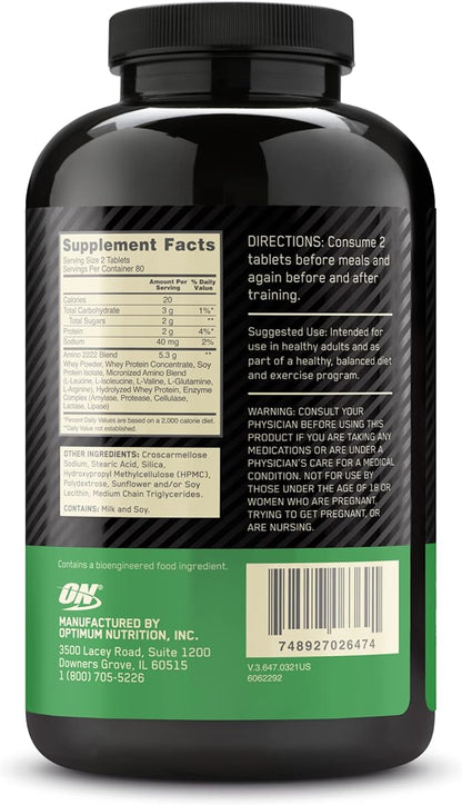 Optimum Nutrition Superior Amino 2222 Tablets, Complete Essential Amino Acids, EAAs, 160 Count