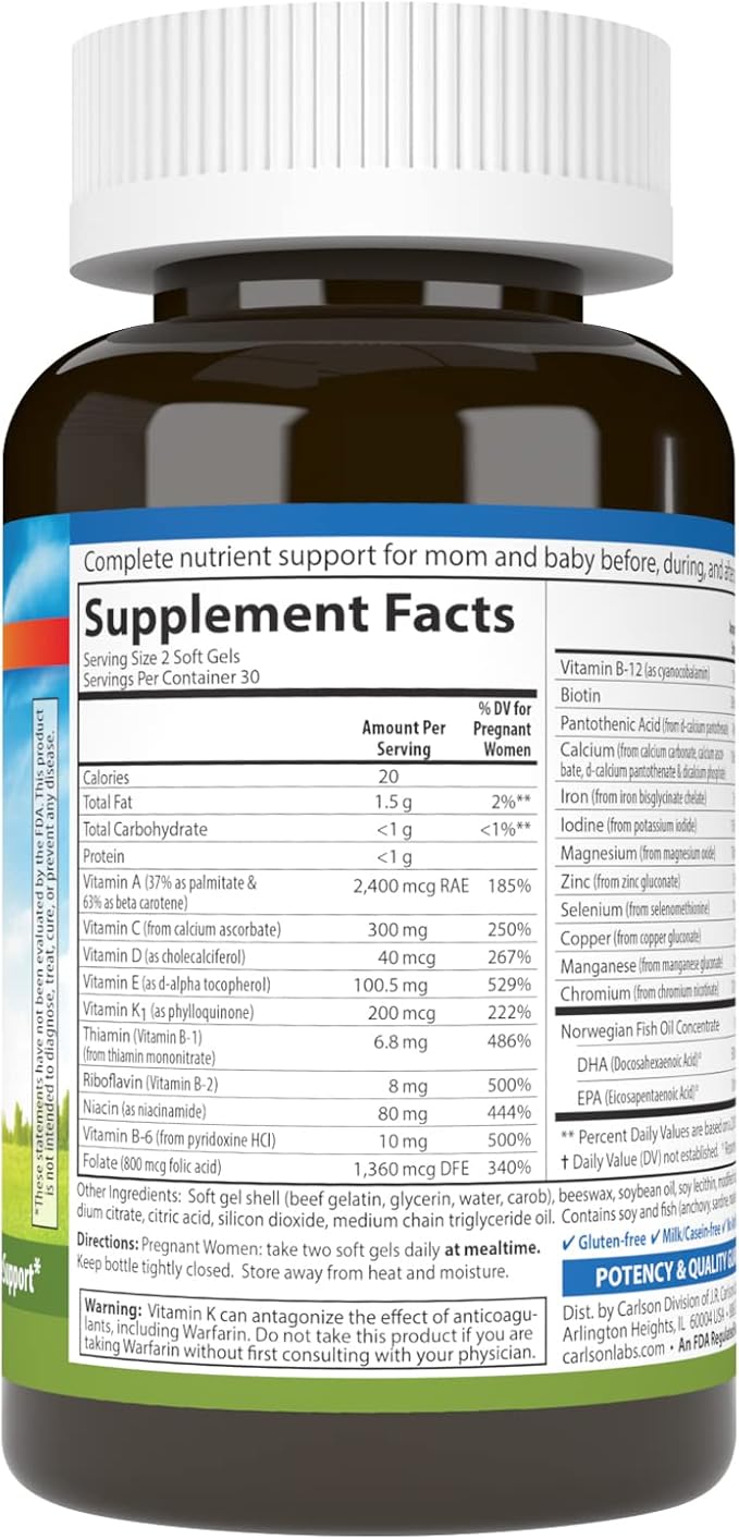 Carlson - Prenatal, Multiple with DHA & Vitamin D3, Pregnancy Health, Fetal Development & Immune Support, 60 Softgels