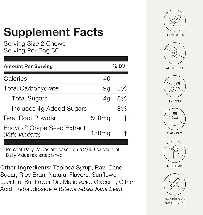 humanN SuperBeets Heart Chews, Nitric Oxide and Blood Pressure Support, Grape Seed Extract & Non-GMO Beet Root Powder Energy Chew, Pomegranate Berry Flavor, 180 Count