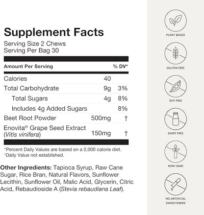 humanN SuperBeets Heart Chews, Nitric Oxide and Blood Pressure Support, Grape Seed Extract & Non-GMO Beet Root Powder Energy Chew, Pomegranate Berry Flavor, 180 Count