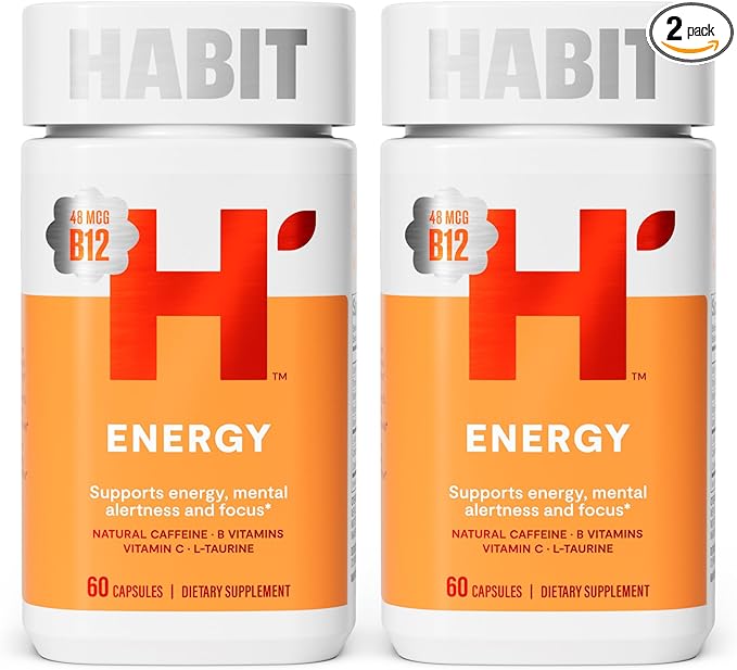 Habit Energy Supplement 2 Pack (120 Capsules) - New Look, Supports Energy, Mental Alertness and Focus, Natural Caffeine, Vitamins B & C, Green Tea Extract, Vegan, Non-GMO