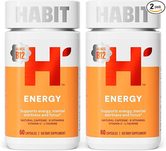 Habit Energy Supplement 2 Pack (120 Capsules) - New Look, Supports Energy, Mental Alertness and Focus, Natural Caffeine, Vitamins B & C, Green Tea Extract, Vegan, Non-GMO