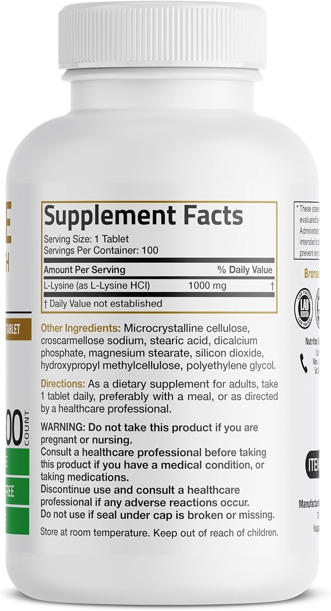 Bronson L-Lysine Extra Strength 1000 MG per Tablet High Potency, Immune Support & Supports Collagen Synthesis, Non-GMO, 100 Vegetarian Tablets