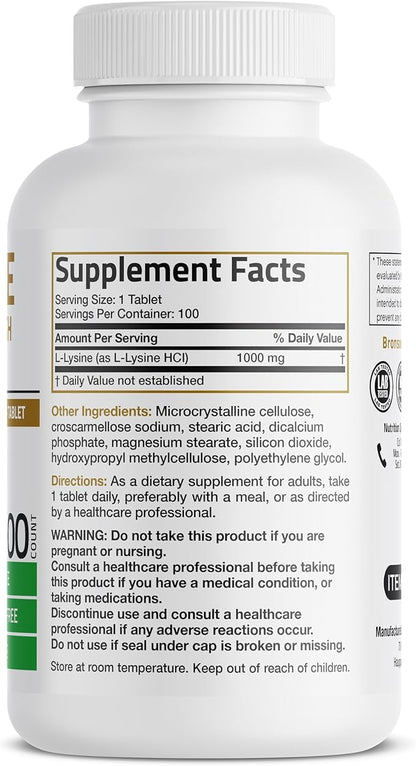 Bronson L-Lysine Extra Strength 1000 MG per Tablet High Potency, Immune Support & Supports Collagen Synthesis, Non-GMO, 100 Vegetarian Tablets