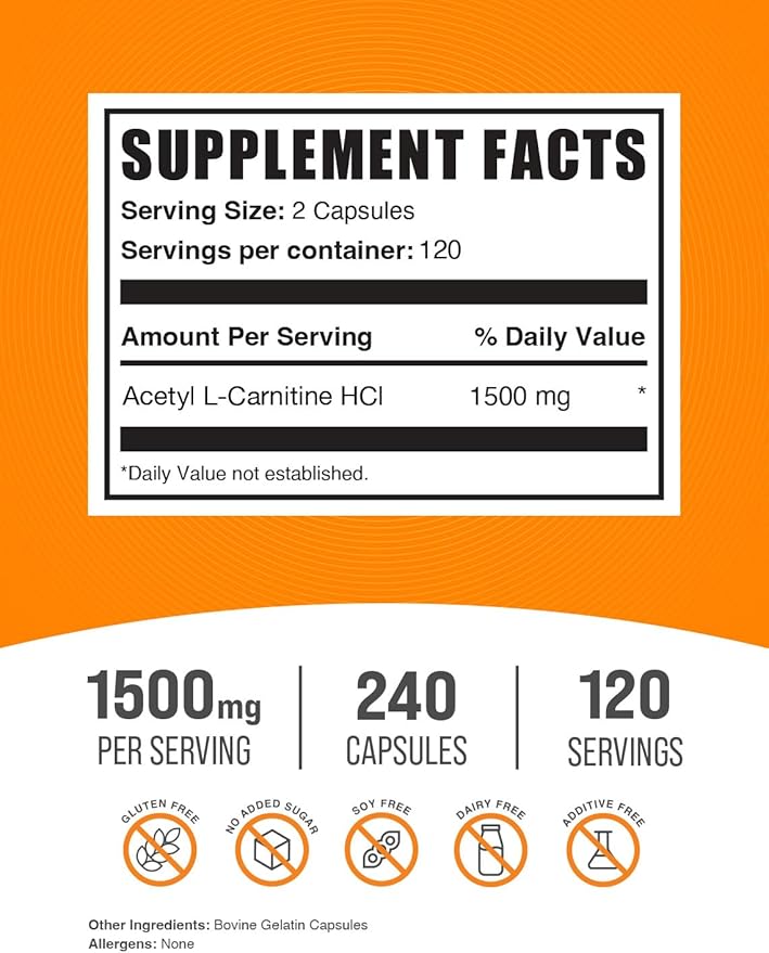 BulkSupplements.com Acetyl L-Carnitine Capsules - ALCAR HCl, Carnitine Supplement - ALCAR Capsules, Acetyl L-Carnitine 1500mg - Gluten Free, 2 Capsules per Serving, 240 Capsules