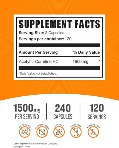 BulkSupplements.com Acetyl L-Carnitine Capsules - ALCAR HCl, Carnitine Supplement - ALCAR Capsules, Acetyl L-Carnitine 1500mg - Gluten Free, 2 Capsules per Serving, 240 Capsules