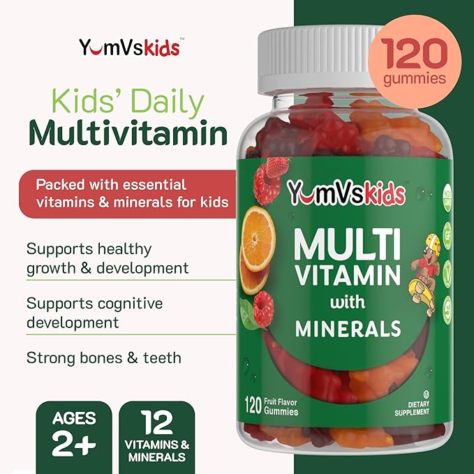 YumVs Kids Multivitamin Gummies - Fruit Flavored Chewable Children's Multivitamin - Kids Vitamins Multivitamin Gummy with 12 Minerals & Vitamins A C D3 E B6 B12 - Kosher Halal Gluten Free (120 Count)