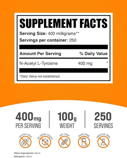 BulkSupplements Pure N-Acetyl L-Tyrosine (NALT) Powder (100 grams)