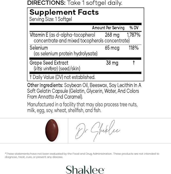 Shaklee - Vitamin E: -Supports Heart, Brain, and Prostate Health -Neutralizing Damage Caused by Free Radicals Vita-E® 400 IU Tablets with Selenium and Grape Seed Extract - 90 Softgels