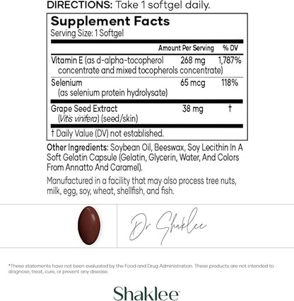 Shaklee - Vitamin E: -Supports Heart, Brain, and Prostate Health -Neutralizing Damage Caused by Free Radicals Vita-E® 400 IU Tablets with Selenium and Grape Seed Extract - 90 Softgels