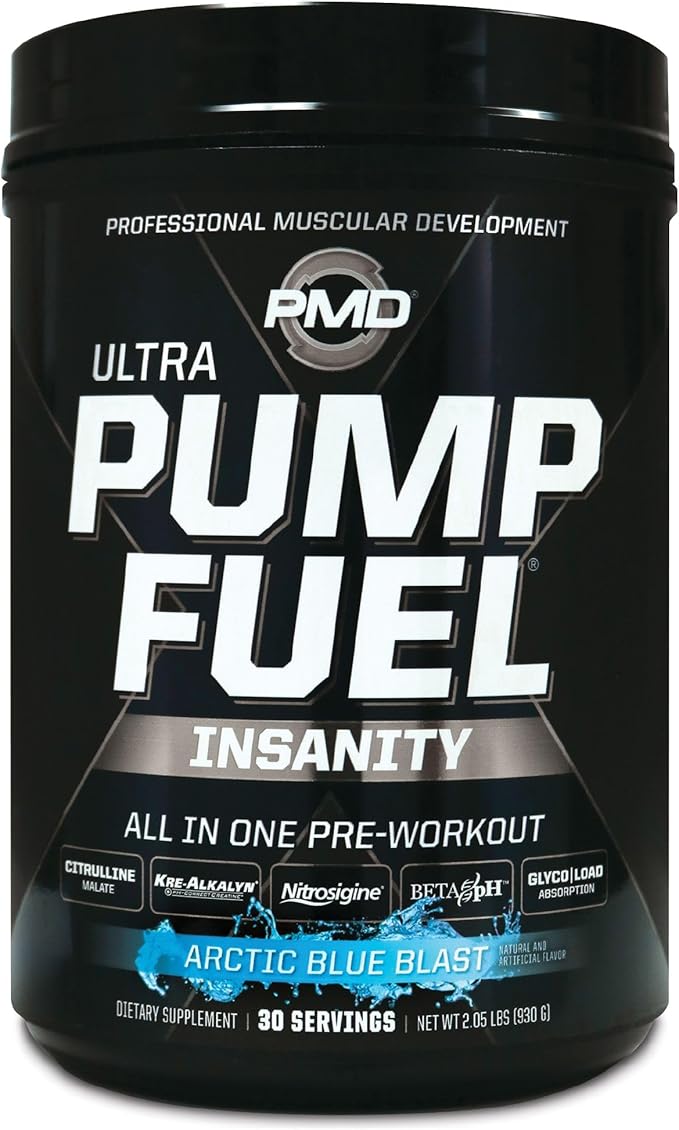 PMD Sports Ultra Pump Fuel Insanity - Pre Workout Drink Mix for Energy, Strength, Endurance, Recovery - Complex Carbohydrates and Amino Energy - Arctic Blue Blast (30 Servings)