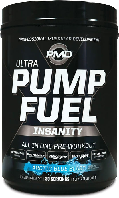 PMD Sports Ultra Pump Fuel Insanity - Pre Workout Drink Mix for Energy, Strength, Endurance, Recovery - Complex Carbohydrates and Amino Energy - Arctic Blue Blast (30 Servings)