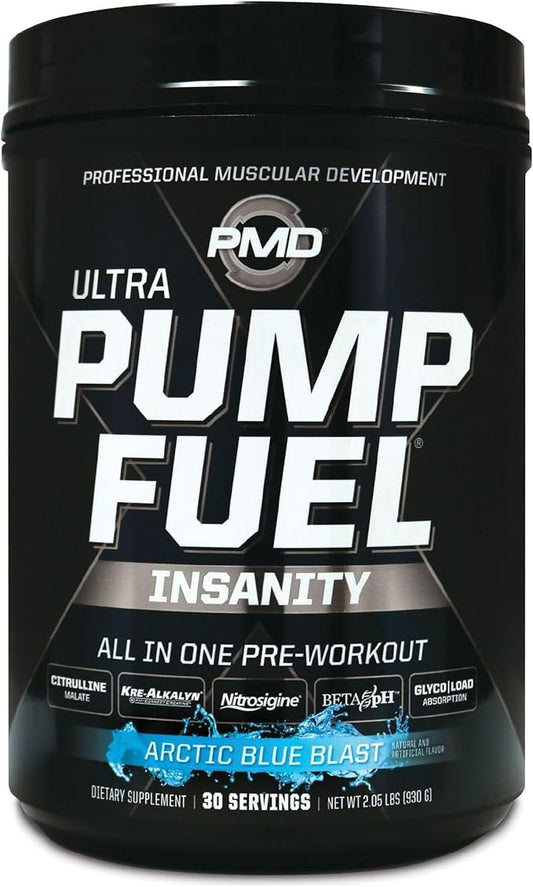 PMD Sports Ultra Pump Fuel Insanity - Pre Workout Drink Mix for Energy, Strength, Endurance, Recovery - Complex Carbohydrates and Amino Energy - Arctic Blue Blast (30 Servings)