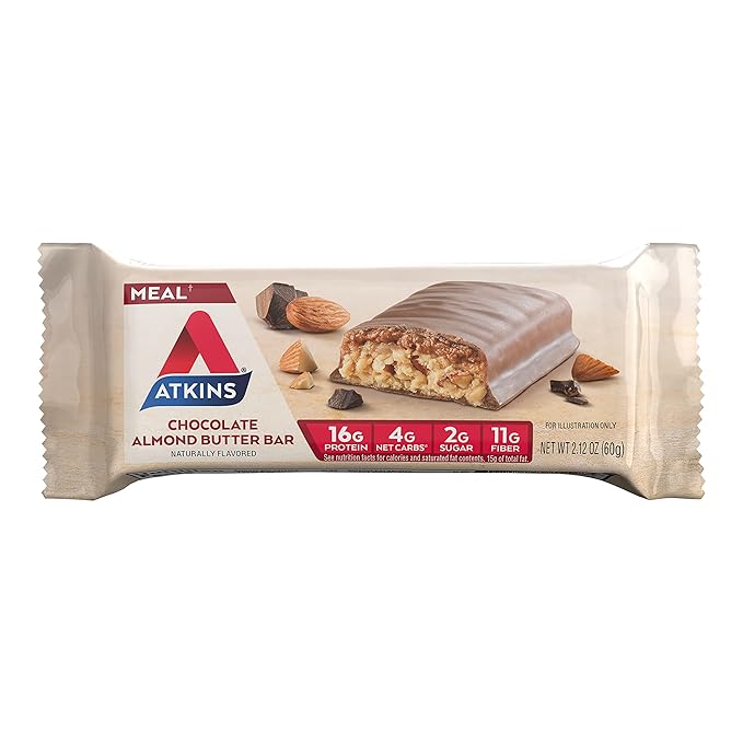 Atkins Soft Baked Energy Bars, Blueberry, 15g Protein,2g Sugar, Excellent Source of Fiber, Low Carb, 4 Packs (5 Bars Each) & Chocolate Almond Butter Protein Meal Bar, Keto Friendly, 5 Count