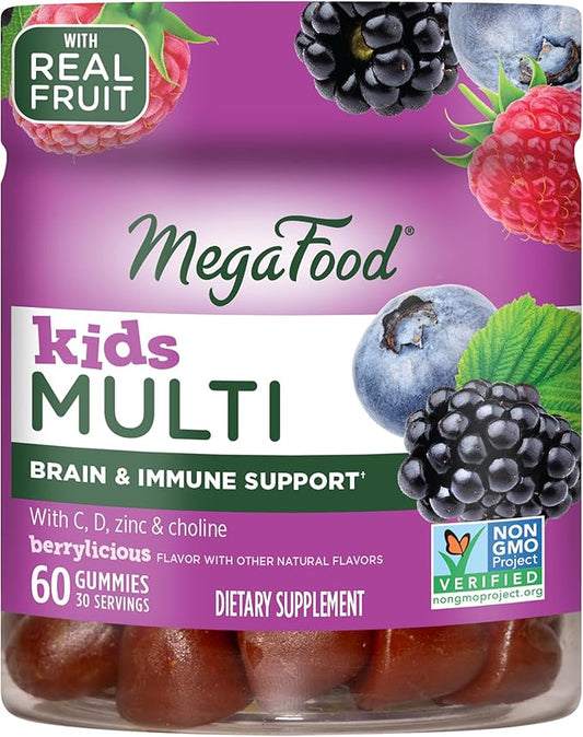 MegaFood Kids Multivitamin Gummies - Kids Vitamins - Age 4+ with Vitamin C, Vitamin D, Zinc, Choline, and Real Fruit - Brain & Immune Support - Berrylicious Flavor - 60 Gummies (30 Servings)
