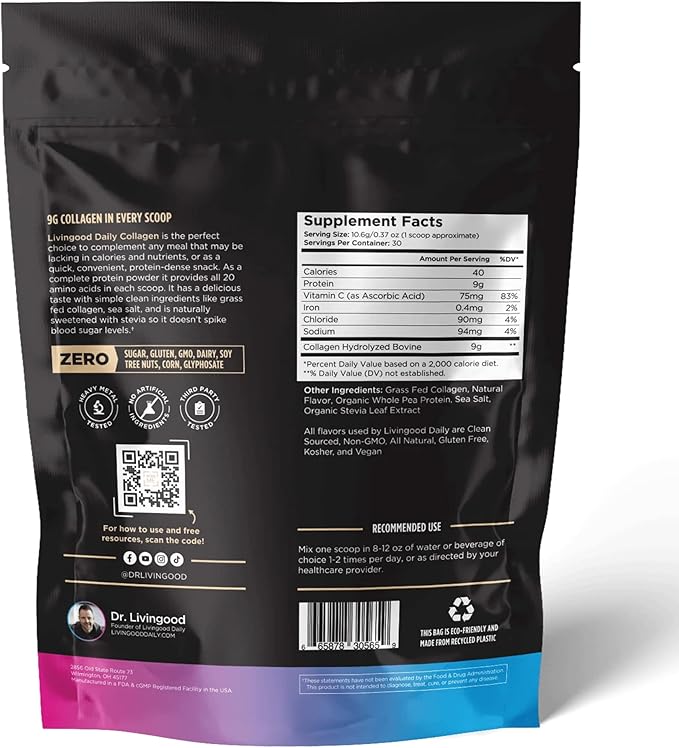 Livingood Daily Collagen Powder for Women & Men (Vanilla) - Grass-Fed Hydrolyzed Collagen Peptide - Complete Protein & Amino Acids for Healthy Hair, Skin & Nails - Keto, Gluten Free - 30 Servings