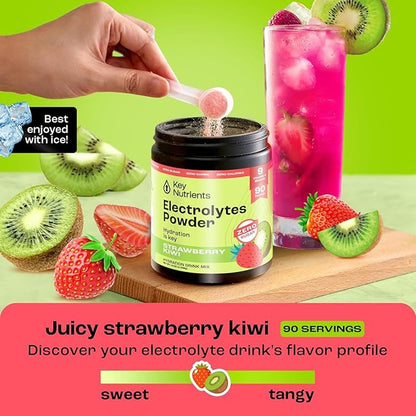 KEY NUTRIENTS Multivitamin Electrolytes Powder No Sugar - Juicy Strawberry Kiwi Electrolyte Powder - Endurance & Energy Supplement - Hydration Powder - No Calories - 90 Servings - Made in USA