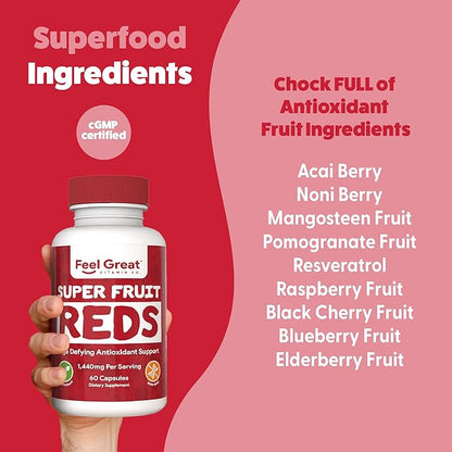 Feel Great Vitamins Superfruit Reds – Antioxidant Superfood with Polyphenols for Anti-Aging & Immune Support – Acai, Mangosteen, Pomegranate, Blueberry & Much More – 60 Capsules