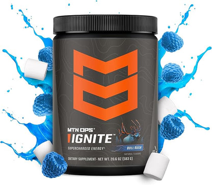 MTN OPS Ignite Energy Drink Powder, Gluten Free Nitric Oxide Supplement Drink Mix, L Arginine, L Citrulline, Caffeine & Nootropic Sugar Free Drink Mix, 45 Servings, Bull Rush