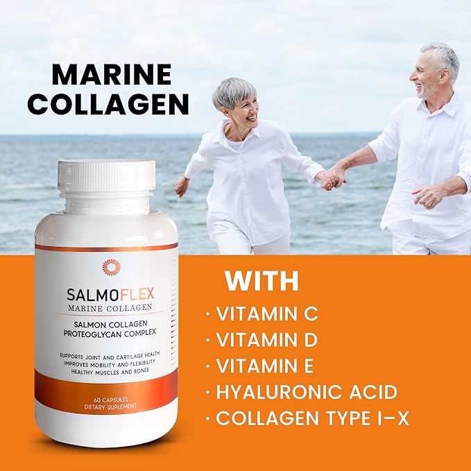 Salmoflex Marine Collagen Peptides with Hyaluronic Acid and Vitamin C, D, E - Salmon Collagen Supplement for Bone and Joint - Hair, Skin and Nails Vitamins - 60 Capsules (Pack of 3)