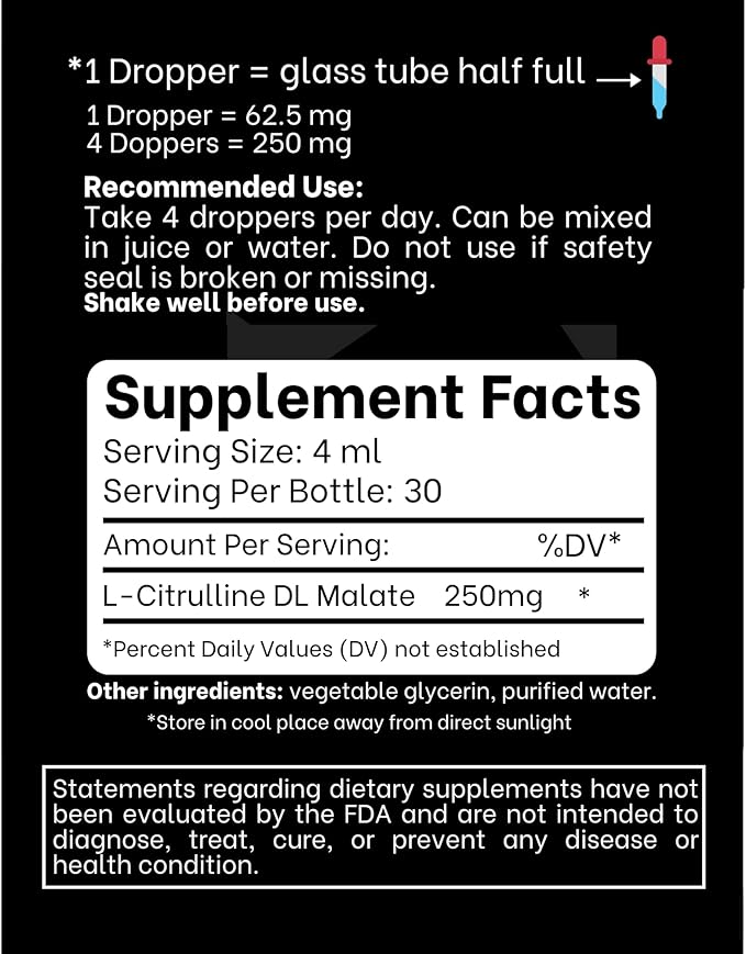 L-Citrulline DL Malate 2:1 Liquid Drops Supplementm - 250 mg per Serving - 30 Day Supply - Dropper Top