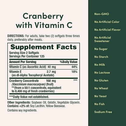 Nature's Bounty Cranberry 4200mg With Vitamin C, Urinary Health & Immune Support, Cranberry Concentrate, 250 Rapid Release Softgels