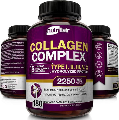 NutriFlair Multi Collagen Peptides 2250mg - Type I, II, III, V, X - Collagen Supplements Complex Powder Pills for Women and Men - Hydrolyzed Protein, Healthy Hair, Skin, Nails - Non-GMO (180 Capsules)