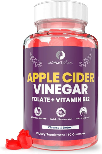 Mommyz Love Apple Cider Vinegar Gummies with Folate and Vitamin B12 - Nourishing Support for New Moms' Weight Management, Healthy Digestion and Radiant Hair and Skin Health