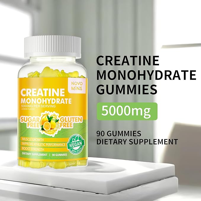 Creatine Monohydrate Gummies 5g for Men Women - Sugar Free Chewable Supplement. 180 Gummies Lemon