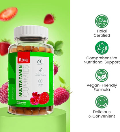 Khair Halal Adult Multivitamins Gummy - Vegan, Non-GMO - Gluten Free, Gelatin Free - Essential Vitamins: Vitamin A E C D B12 & Vitamin B6 Halal Vitamins - 60 Gummies