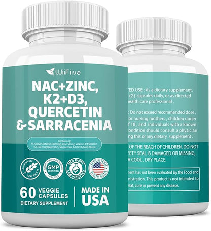 NAC Supplement N-Acetyl Cysteine NAC 1000mg Zinc Blend 50mg k2 100mcg Vitamin D3 5000 IU N-Acetyl Cysteine 1000mg Quercetin 1000mg Sarracenia Purpurea 1000mg L-Lysine Supplement, 60 Count