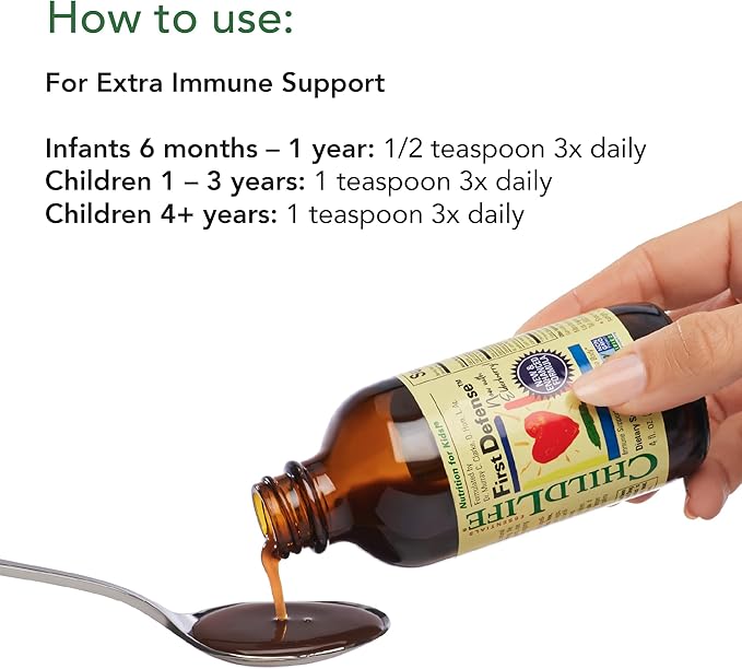 CHILDLIFE ESSENTIALS First Defense - Kids Immune Support, Immune Support for Kids, Toddlers 1-3, Babies 6 Months+, Vitamin Syrup with Elderberry, Zinc, Non GMO, Gluten Free - 4 Fl Oz (Pack of 3)