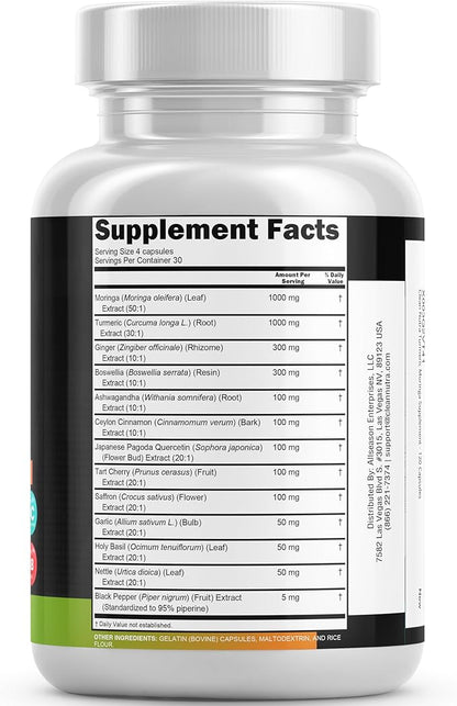Turmeric Moringa Supplement | Ginger Boswellia Saffron - Supplement for Women and Men with Ceylon Cinnamon, Tart Cherry, Quercetin Garlic Nettle Holy Basil - 1Pack