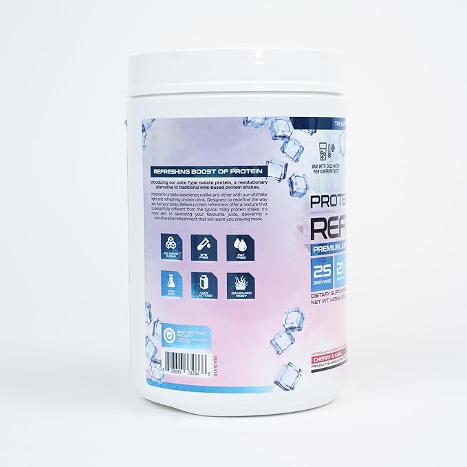 Protein Refresher (25 Servings) - Revolutionary Juice-Type Whey Protein Powder for Fitness, Bodybuilding, Gym, or for Bigger Protein Intake (25 Scoops, Cherry Lime)