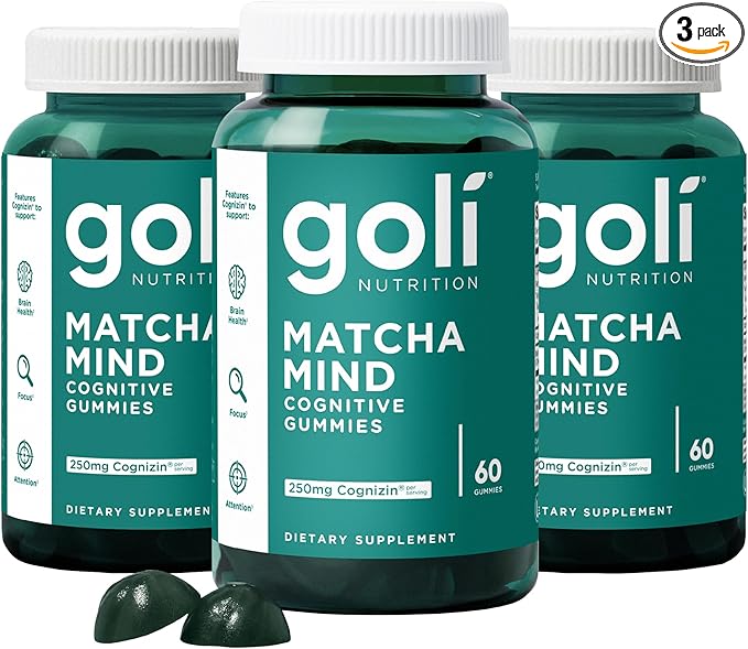 Goli Matcha Mind Gummies - 180 Count - Green Tea Leaves Powder with Cognizin for Focus, Attention and Brain Health, Vegan, Non-GMO, Gluten-Free & Gelatin Free.