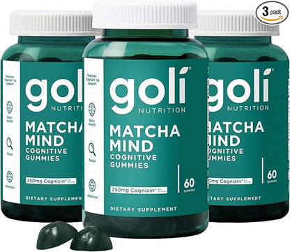 Goli Matcha Mind Gummies - 180 Count - Green Tea Leaves Powder with Cognizin for Focus, Attention and Brain Health, Vegan, Non-GMO, Gluten-Free & Gelatin Free.