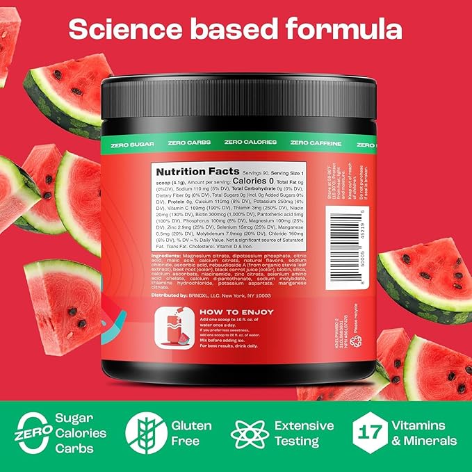 KEY NUTRIENTS Multivitamin Electrolytes Powder No Sugar - Refreshing Watermelon Electrolyte Powder - Endurance & Energy Supplement - Hydration Powder - No Calories - 90 Servings - Made in USA