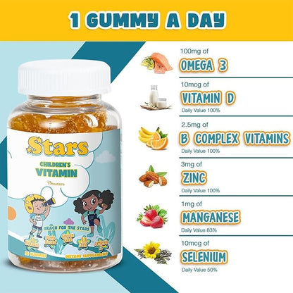 Stars Kids Multivitamin Gummies with Omega 3, Vitamins for Kids with A, B, C, D, Plant Based Multi Vitamins for Children, Manganese, 60 Star-Shaped Multivitamin for Kids, Gluten-Free Gummy Vitamins