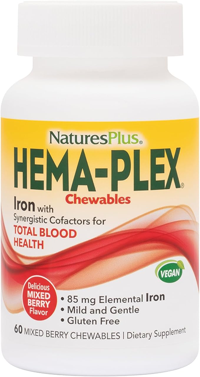 Natures Plus Hema-Plex Iron - 60 Mixed Berry Chewables - 85 mg Elemental Iron - Total Blood Health - with Vitamin C & Bioflavonoids - Vegan, Gluten Free - 20 Servings