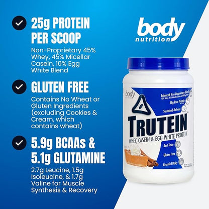 Body Nutrition Trutein High Protein Powder: 45% Whey, 45% Casein, 10% Egg White, Gluten-Free, Low Sodium, Grass Fed Whey Protein Powder, Gym Supplement & Breakfast Shake, Pumpkin Pie, 2lb
